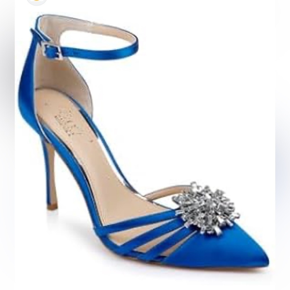 Jewel Badgley Mischka Blue Satin Heels with Crystal Brooch
